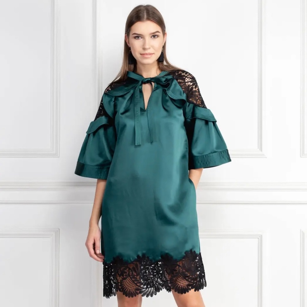 Self-Portrait Lace Trim Satin Shift Green Dress